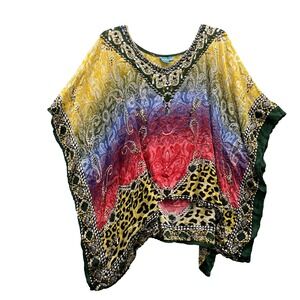 Aqua Blue Poncho Cape Shawl Cover‎ Up Studded Cheetah Maximalist Y2k Boho Beach